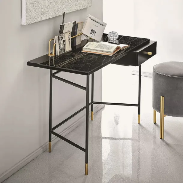 Scrittoio Vanity con top in marmo, cassetto in legno laccato e struttura in acciaio di Bontempi