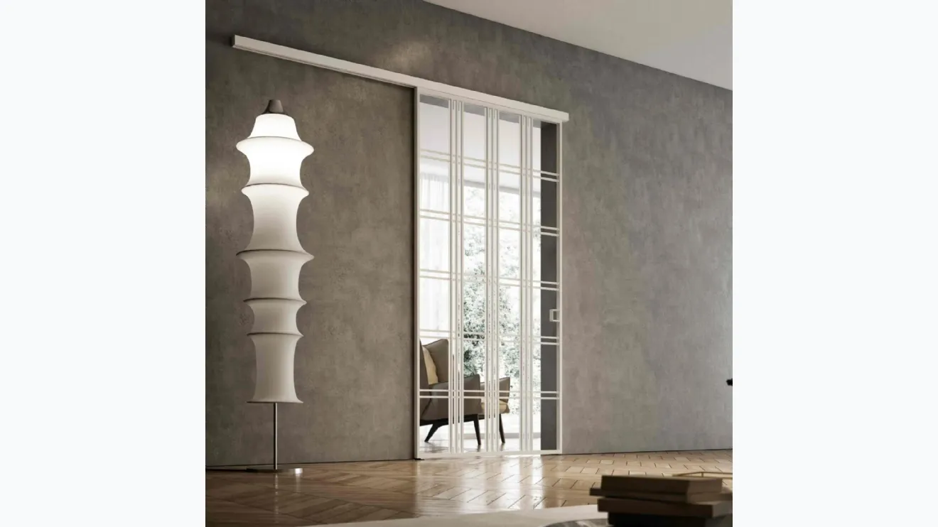 Porta per interni scorrevole esterno muro Glass Bianco Oregon in Vetro con profilo in alluminio di BiHome