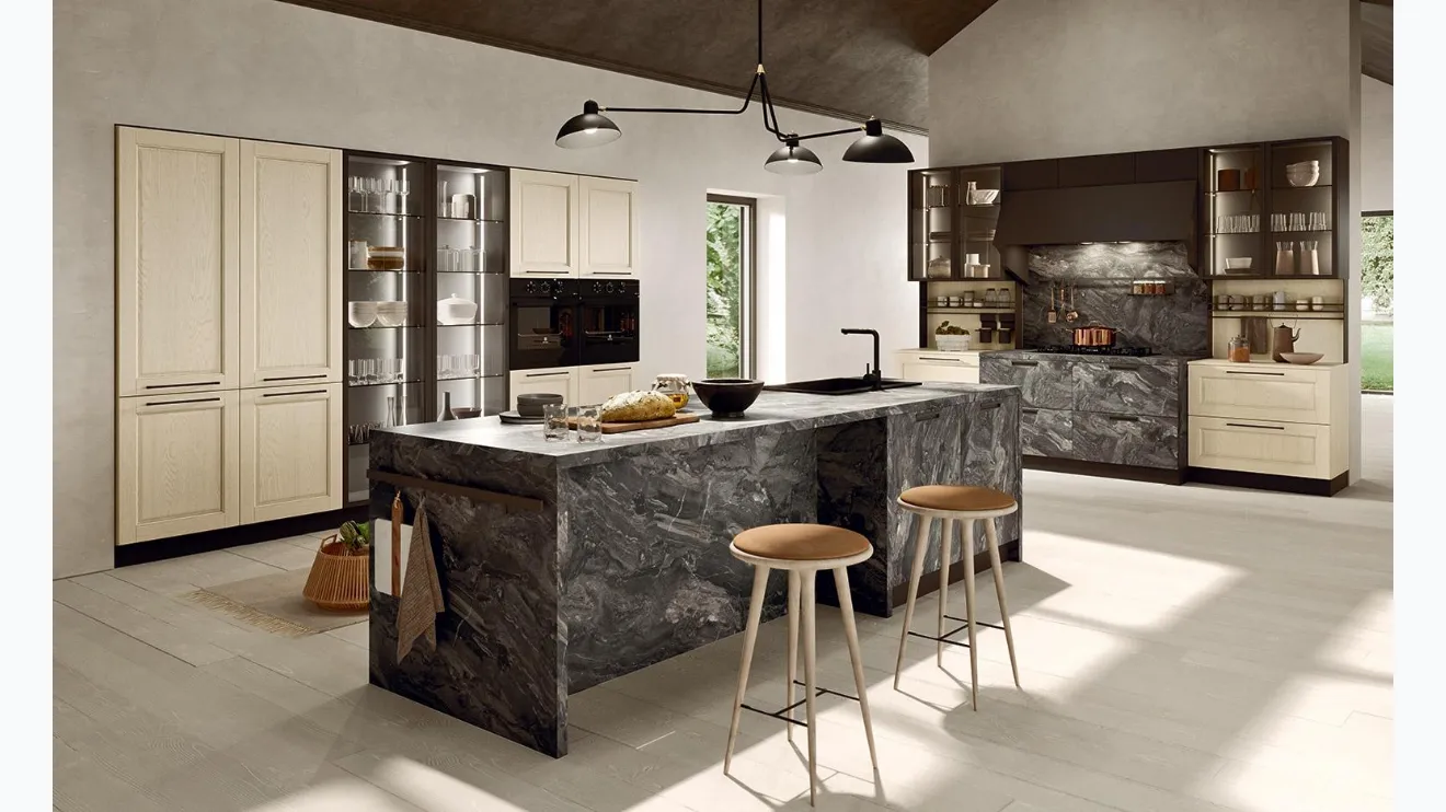 Cucina Classica con isola Aurora 02 in laminato effetto Marmo e Frassino di Astra