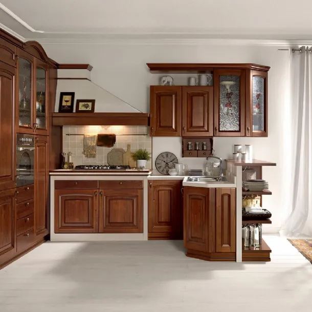 Cucina Classica in muratura ad angolo Ducale 03 in legno massello di Noce di Astra