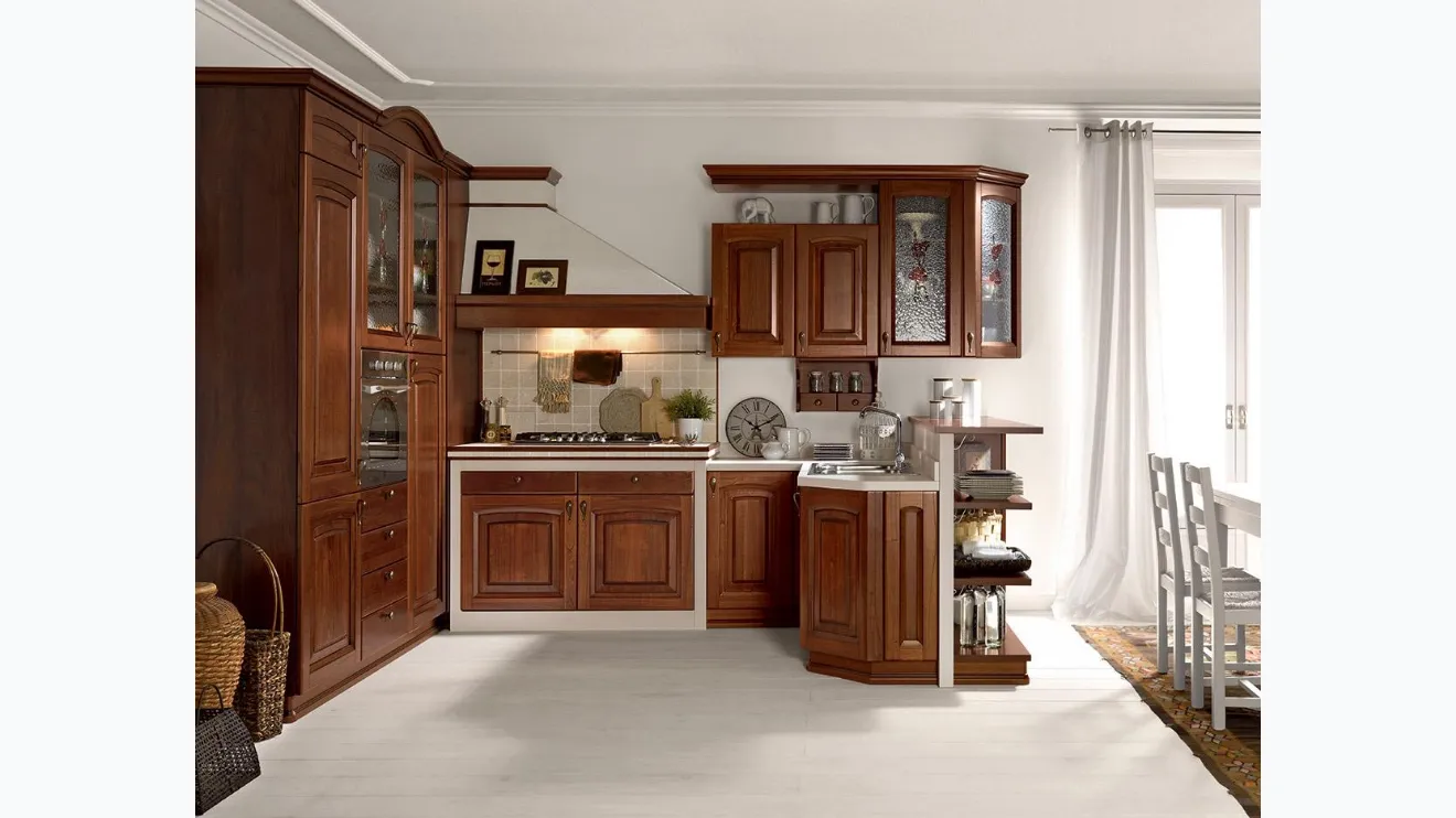 Cucina Classica in muratura ad angolo Ducale 03 in legno massello di Noce di Astra