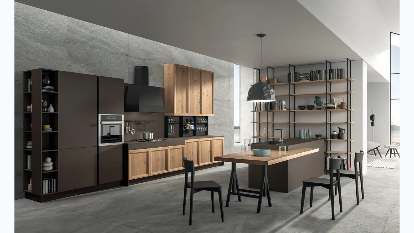 Cucina Design con penisola Atelier 01 in legno di Rovere nodato e laccato opaco Cacao di Astra