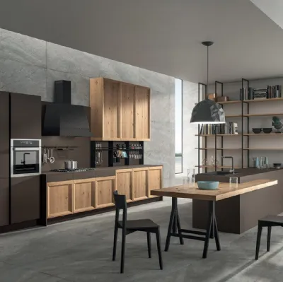 Cucina Design con penisola Atelier 01 in legno di Rovere nodato e laccato opaco Cacao di Astra