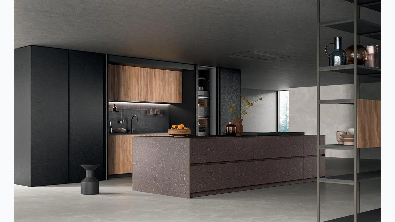 Cucina Design con isola HC08 02 Minimal in laccato speciale pietra e krekelle di Astra