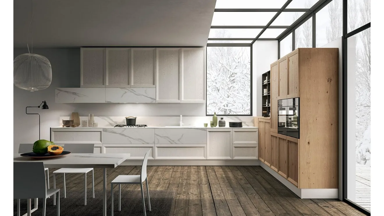 Cucina Design angolare Atelier 03 in Frassino laccato Perla e Rovere Nodato Naturale di Astra