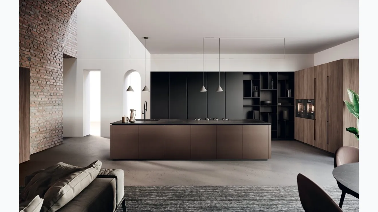 Cucina Design in alluminio brunito, vetro e bilaminato noce con isola Lab di Binova