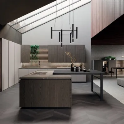 Cucina Design con isola e penisola in rovere grigio e bilaminato pietra piasentina Bluna Legno di Binova