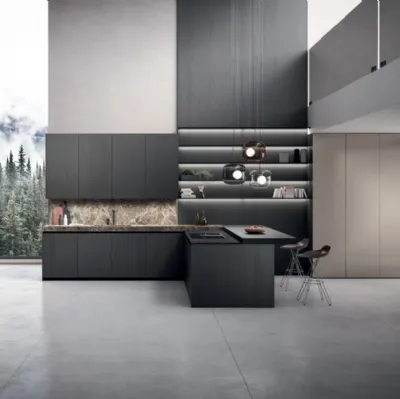 Cucina Design con penisola Bluna Tech in rovere carbone e alluminio di Binova