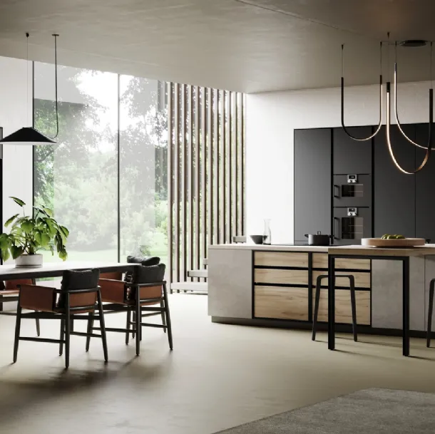 Cucina Design con isola Ménta in bilaminato Beton Giove, laminato PET Nero Onice e bilaminato Rovere di Miton