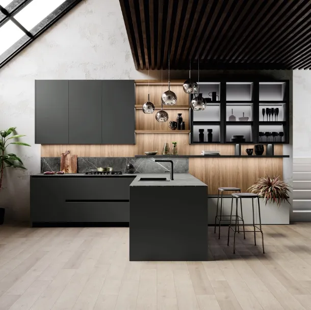 Cucina Design con penisola Ménta in bilaminato Grigio Medio di Miton