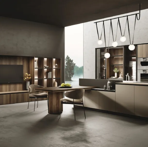 Cucina Design con isola Ménta in laminato PET opaco Creta di Miton