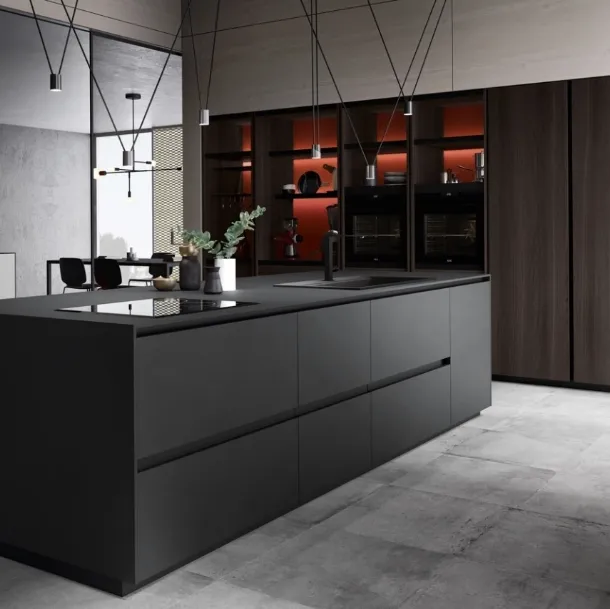 Cucina Design con isola in laminato Fenix finitura nero ingo Ménta 04 di Miton