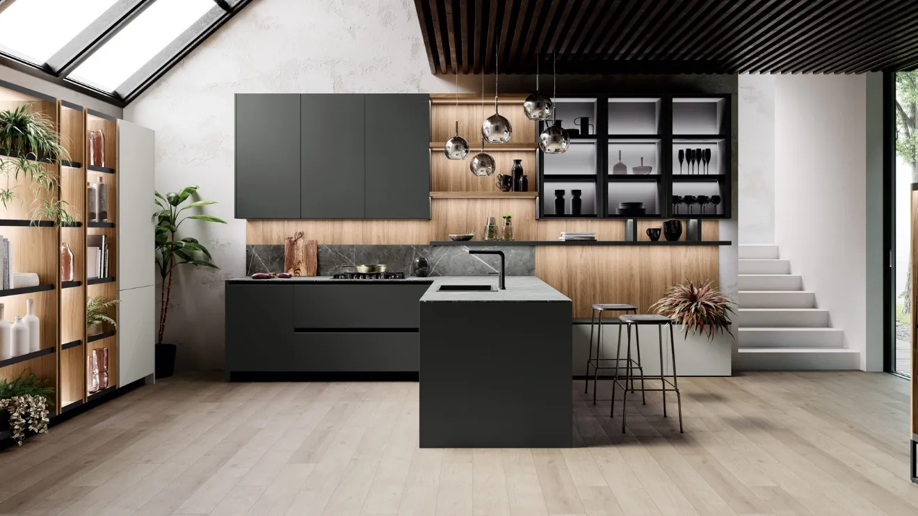 Cucina Design con penisola in laccato opaco Ménta 03 di Miton