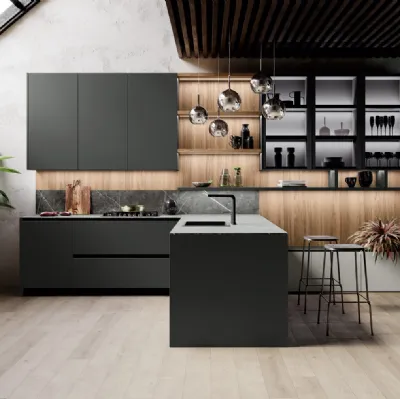 Cucina Design con penisola in laccato opaco Ménta 03 di Miton