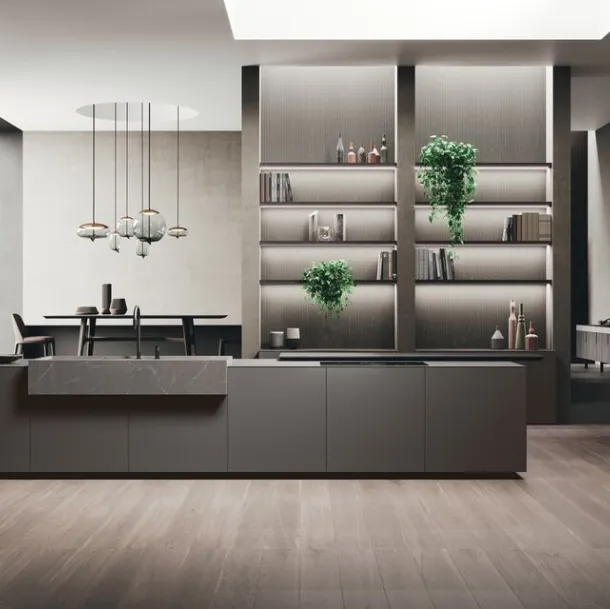 Cucina Design con isola Vogue Legno in laccato opaco, gres e rovere di Binova