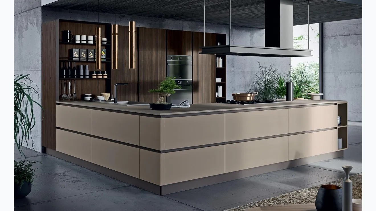 Cucina Moderna con penisola Zen 01 in laminato finitura Terranova e Rovere Indy di Astra