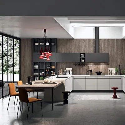 Cucina Moderna angolare con penisola Line 03 in laccato opaco Efeso e Metal Grey di Astra