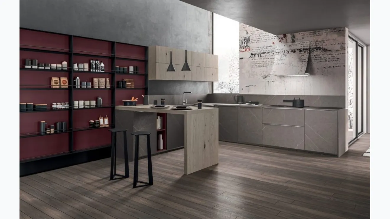 Cucina Moderna con penisola Time 09 in laminato HPL e impiallacciato Rovere di Gentili Cucine