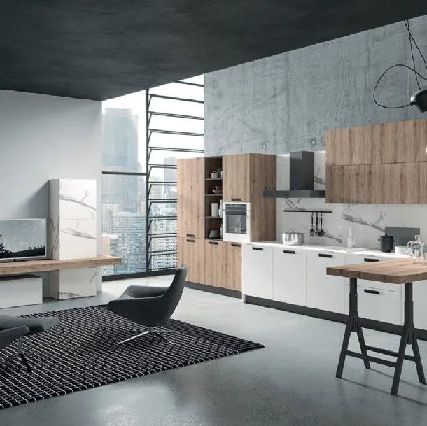 Cucina Moderna con penisola Zen 02 in laminato finitura Bianco assoluto e Rovere chiaro di Astra