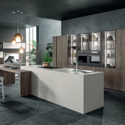 Cucina Moderna con isola Zen 05 in laccato opaco Efeso e laminato Rovere Scuro di Astra