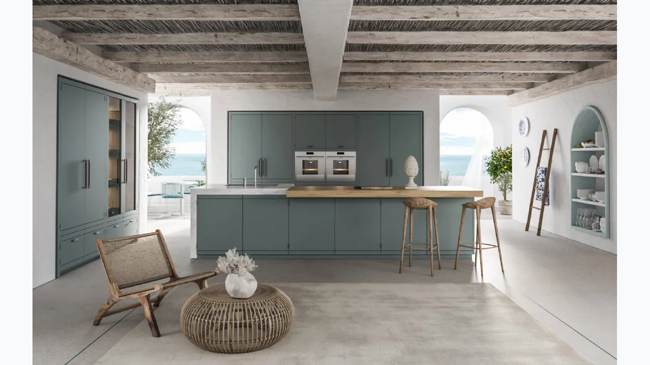 Cucina su misura con isola Anuba in laccato Paxos Grey di Miton