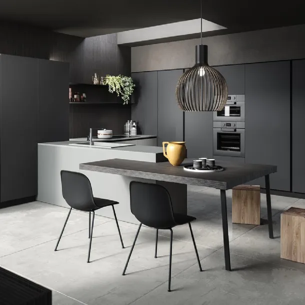 Cucina su misura con penisola Zen 03 in laminato finitura Canapa e Antracite di Astra