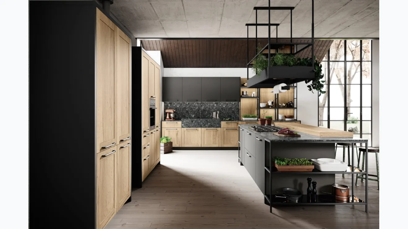 Cucina su misura con isola in laminato finitura legno rovere antico e laccato grigio opaco Medea di Miton