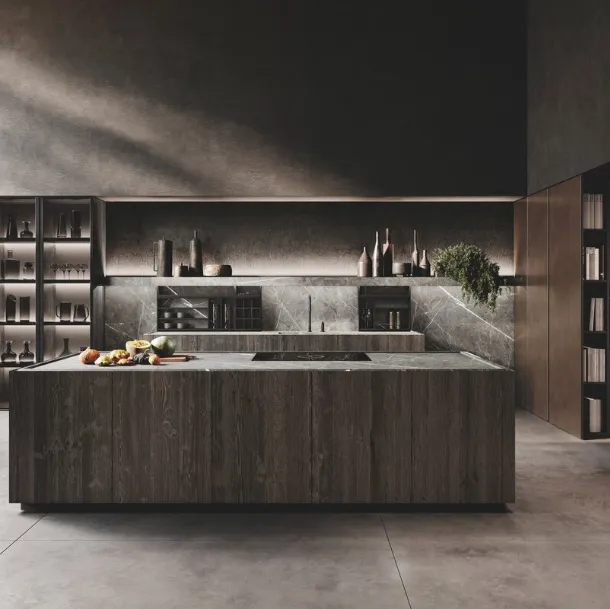 Cucina Design con isola in legno di Abete Nero e gres finitura marble grey e colonne in laccato metal Bluna Metal di Binova